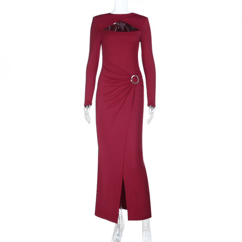 Long sleeve hollow out o ring slit cut out maxi dress | Festival Outfits Women