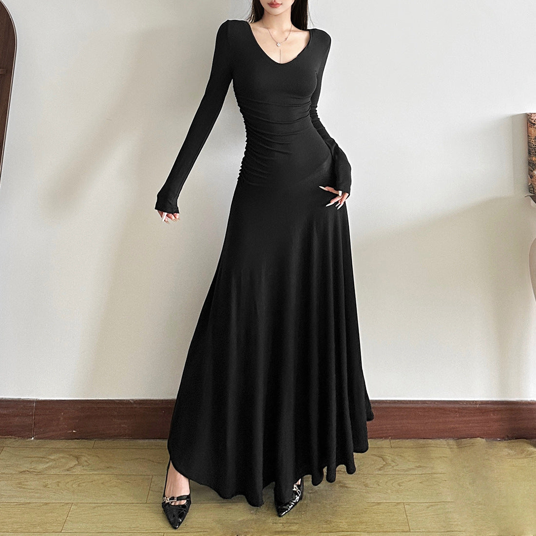 Long sleeve v neck solid maxi dress | Festival Outfits Women