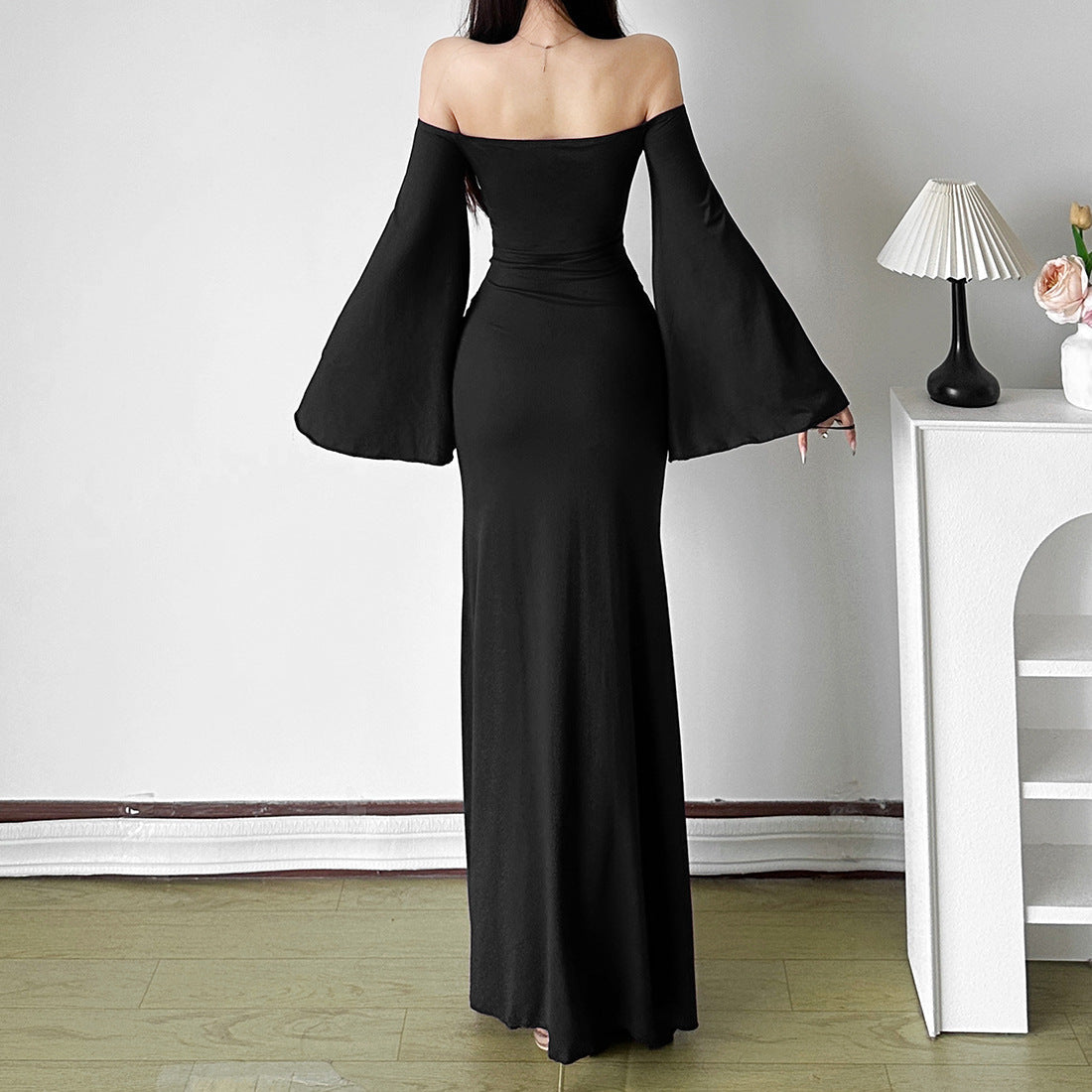 Off shoulder long flared sleeve ruched maxi dress | Festival Outfits Women