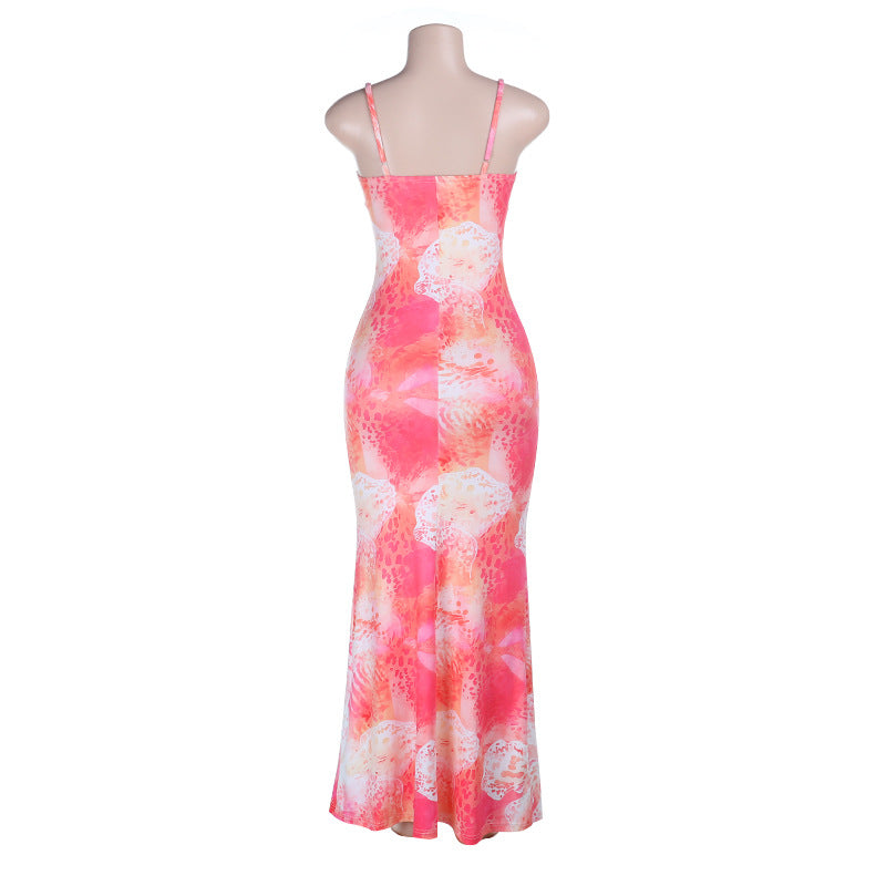 V neck print backless cami maxi dress | Festival Outfits Women