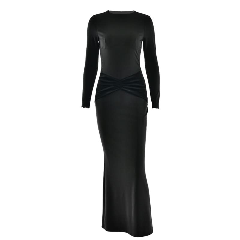 Crewneck long sleeve ruched zip-up maxi dress | Festival Outfits Women