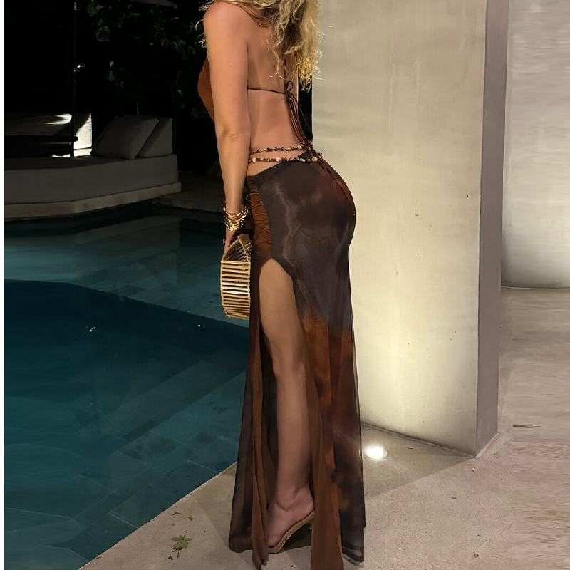 Halter beaded backless slit contrast maxi dress | Festival Outfits Women