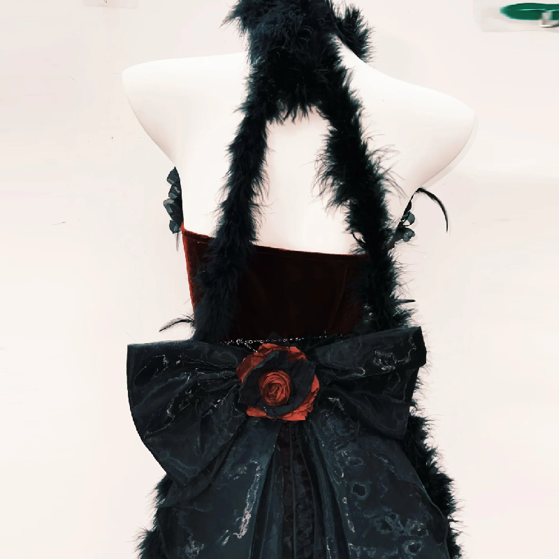 Halter feather flower applique bowknot ruffle maxi dress | Festival Outfits Women