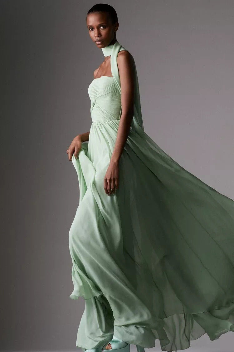 Bow Ruched Strapless Sash Elegant Maxi Dress