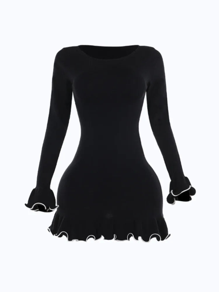 Elegant Long Sleeved Elastic Tight Women Short Skirt Autumn New Wave Roll Wool Dress Fashion Street Evening Dress