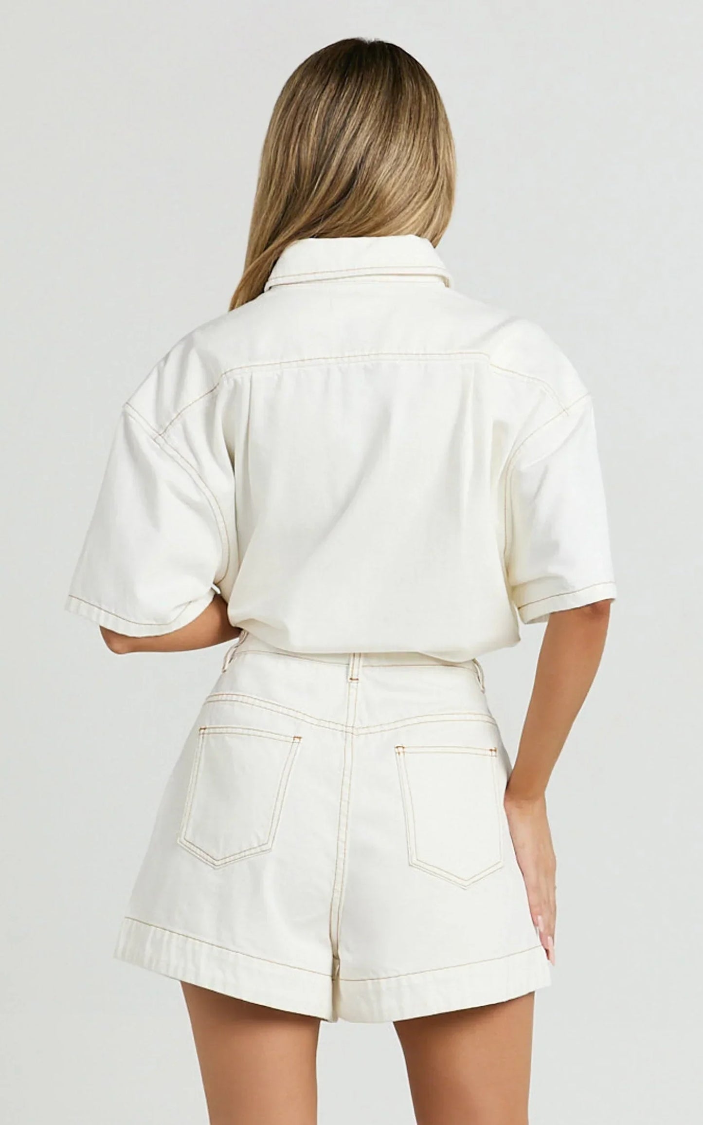 Rhianna Shorts - Mid Waist Recycled Denim Shorts in Ecru with Contrast Tobacco Stitch