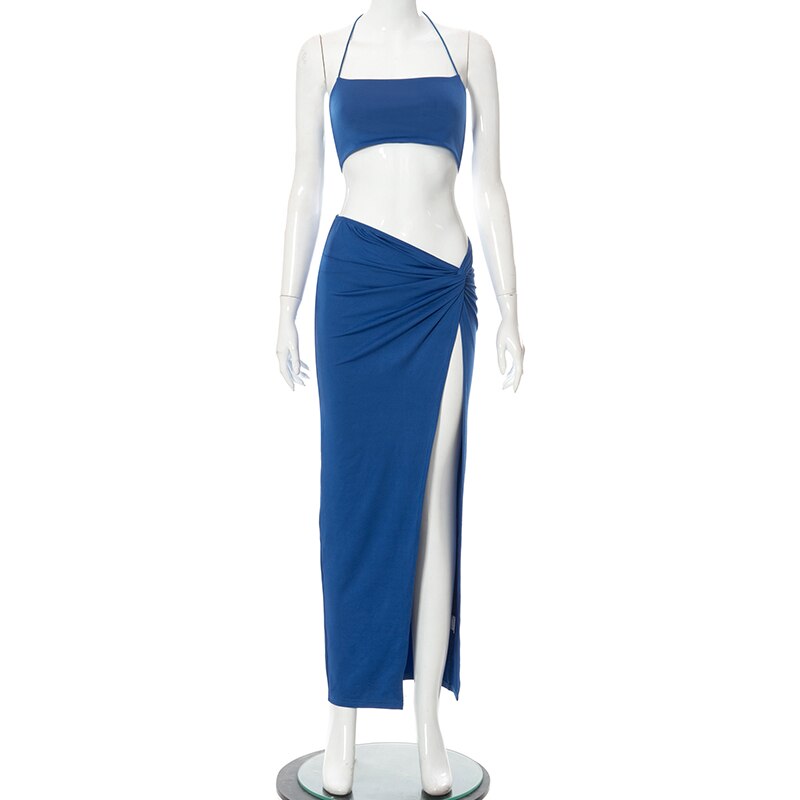 Voguable Solid Halter Bandage Camis Crop Top Slit Maxi Dress 2 Pieces Set Bodycon Elegant Streetwear Party Club Y2K