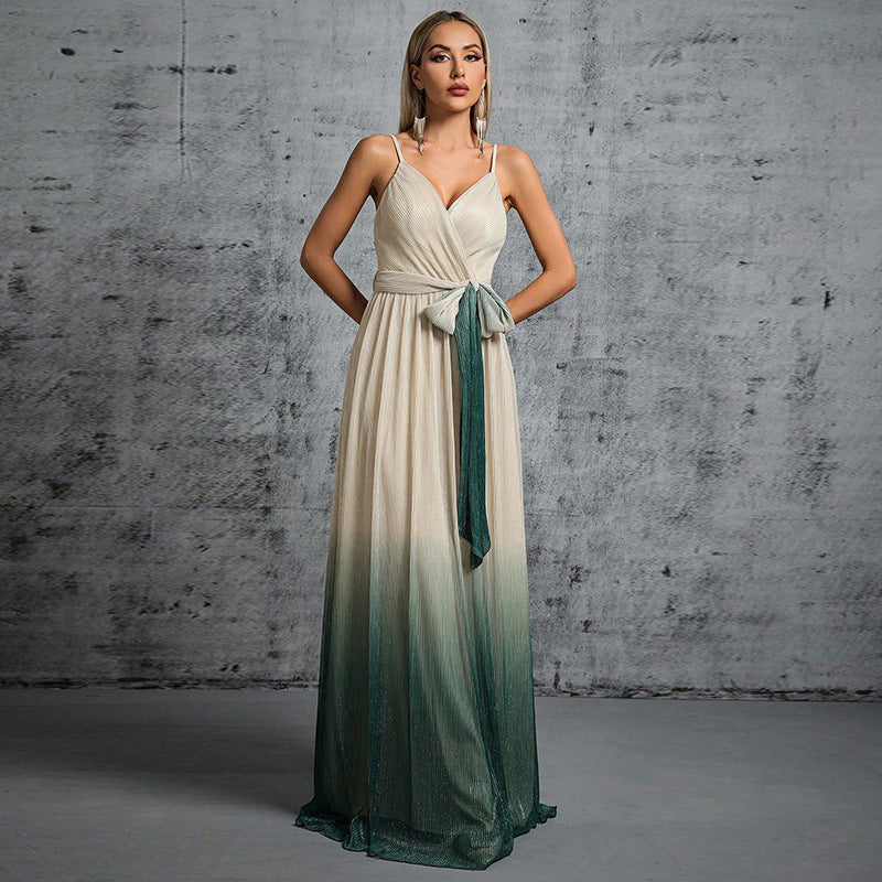 Evening Dress Strap Backless Sexy Lace up Gradient Color Maxi Dress Women Formal Dress