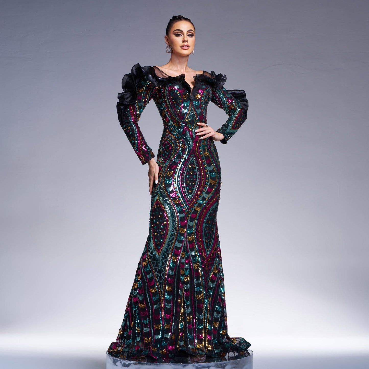 Long Sleeve V neck Hollow Out Cutout out Long Sequined Cocktail Fishtail Evening Dress Bridesmaid Dress Women