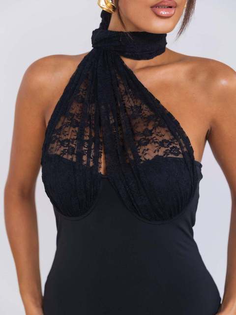 Sexy Hanging Collar Lace Patchwork Deep V Evening Dress Women Elegant Backless Party Club Vestido Autumn/winter New