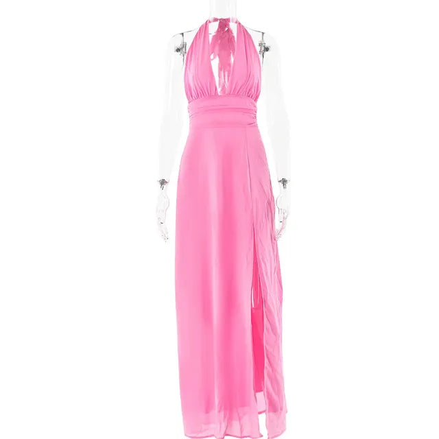 Halterneck V-neck Sexy Backless Women Dresses Elegant Party Fashion High Waist Slit Sleeveless Long Dress Lace-up Evening Dress