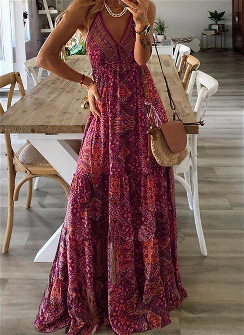 Bohemian Women Casual Tiny Flower Print V-Neck Strap Maxi Dress