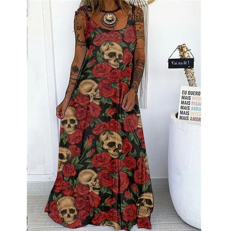 Halloween Women Fashion Casual Gothic Skull Head Floral Graphic Print Maxi Dress