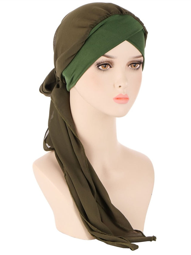Muslim Women Chiffon Long Headscarf Islam Turban Indian Cap Plain Print Hijab Beanie Hair Care Boho Wraps Hat for Women
