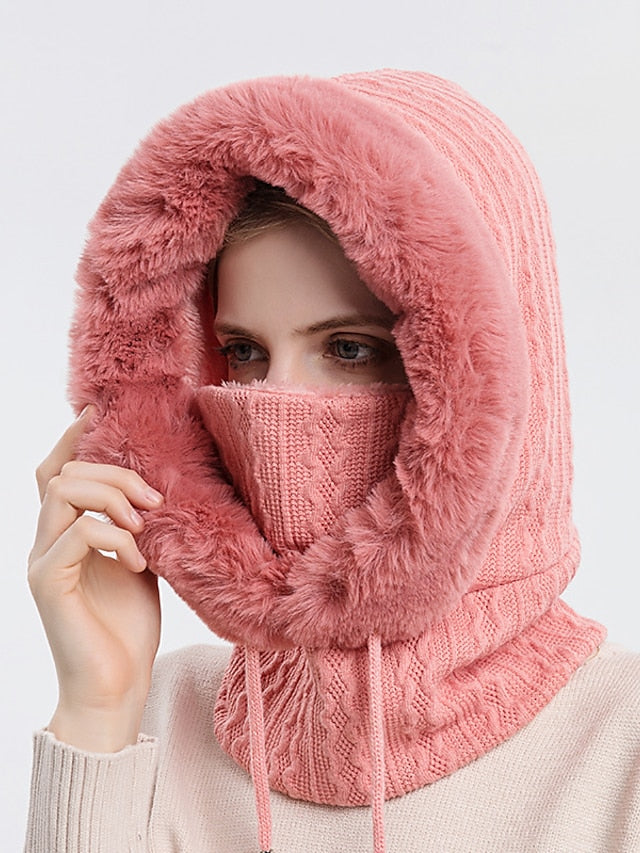 High Quality Winter Fur Cap Mask Set Hooded for Women Knitted Cashmere Neck Warm Outdoor Ski Windproof Hat Thick Plush Fluffy Beanies for Women