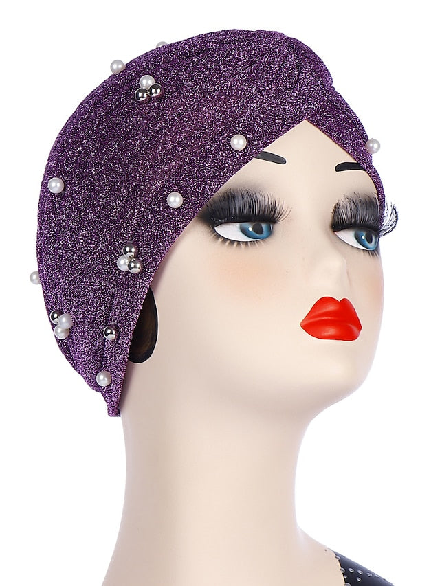 Fashion Women Turban Gold Shiny Hat for Lady Pearl Beading Bright Hat Indian Style Muslim Thin Head Wraps for Women