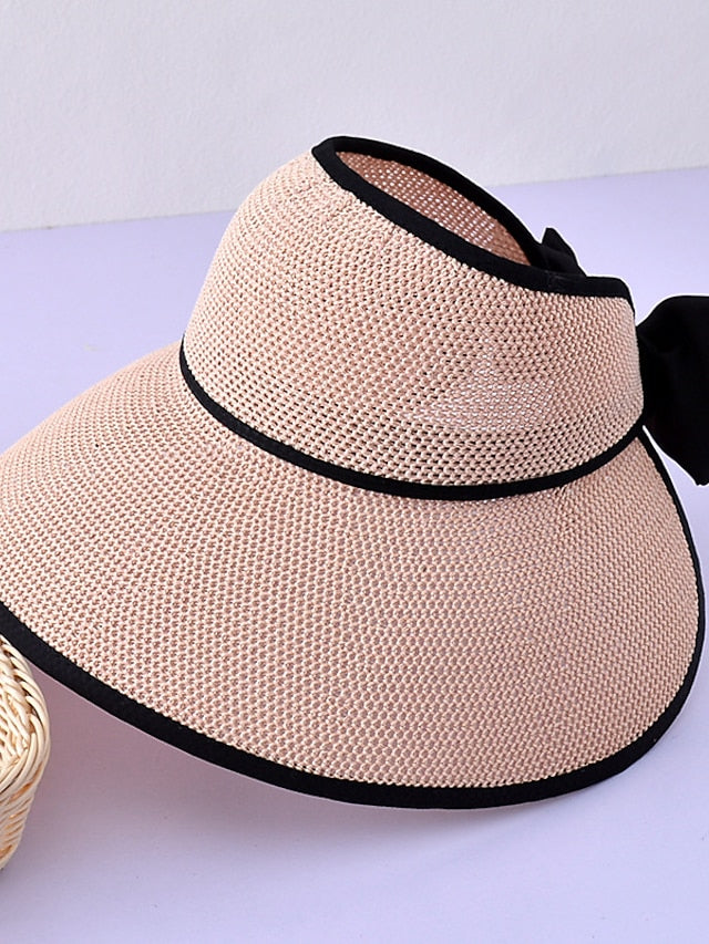 Breathable Hat Summer Wide Brim Air Sun Hats UV Protection Top Empty Hat Bow Hollow Straw Hat Adjustable Ladies Foldable Beach Hat for Women