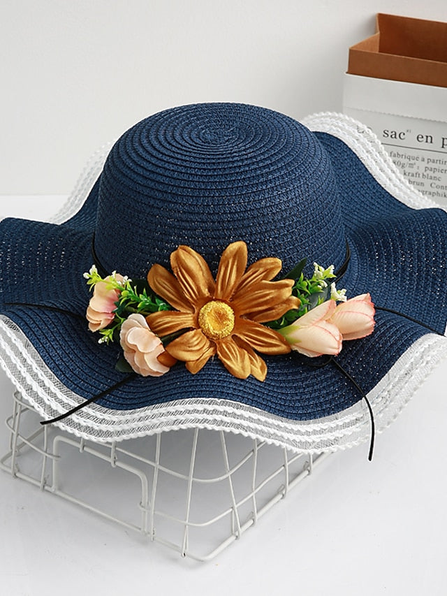 Sun Hat Straw Hat Daily Holiday Flower / Plants Straw Lace Vacation Beach Sunscreen 1 pcs for Women