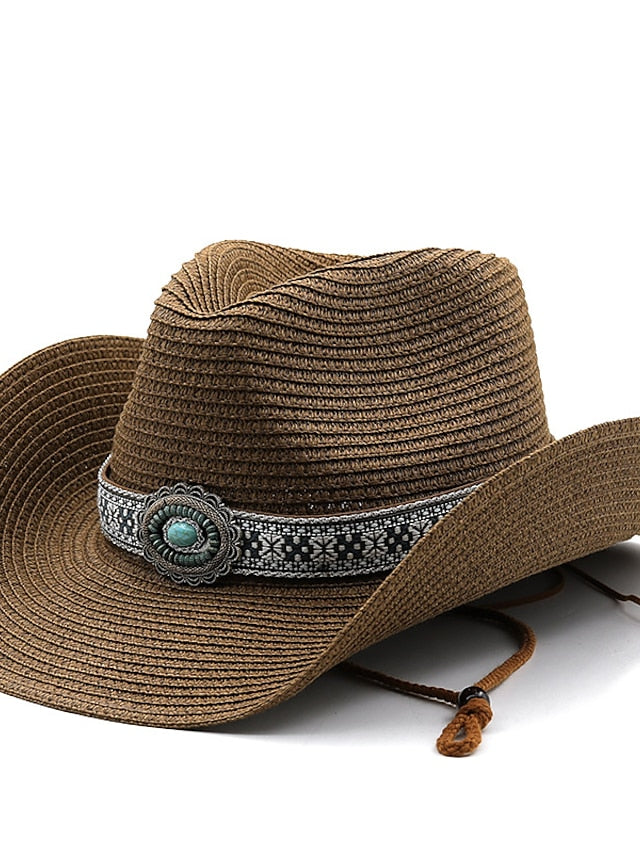Turquoise Decoration Western Cowboy Hat Men Women Cowgirl Summer Straw Hats For Lady Sun Hat Beach Cowgirl Jazz Hat for Women