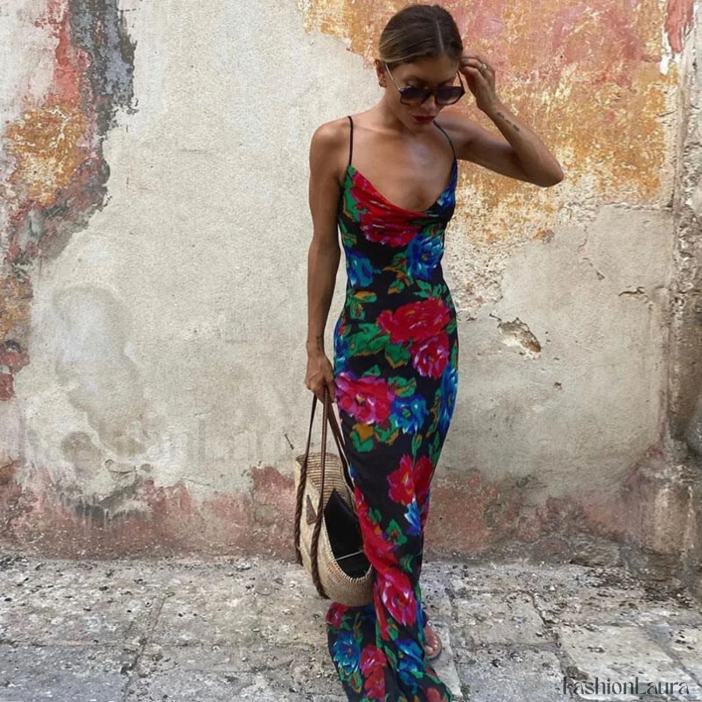 Vintage Style Floral Printed Cowl Neck Slip Maxi Dress - Black