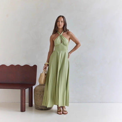 Solid Color Halter Neck Hollowed-out Casual Pleated Holiday Maxi Dress