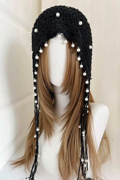 Handmade Pearl Tassel Y2K Crochet Woven Beanie Hat