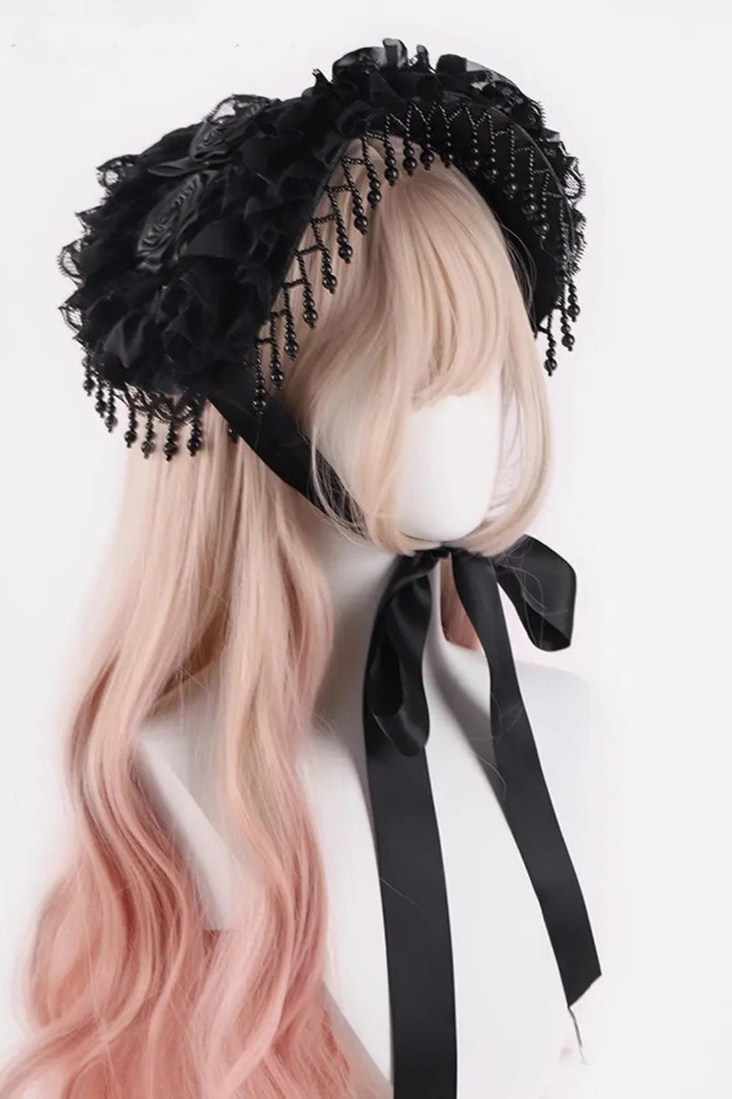 Handmade Gothic Lace Pearl Tassel Rose Hat
