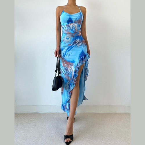 Ruffle slit print halter self tie cowl neck maxi dress  | Festival Outfits Women