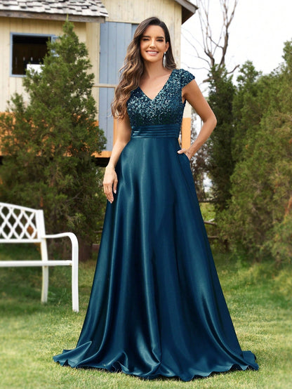 Sequined V neck Evening Dress for Women Cocktail Elegant Satin A line Dress Party Dress Women