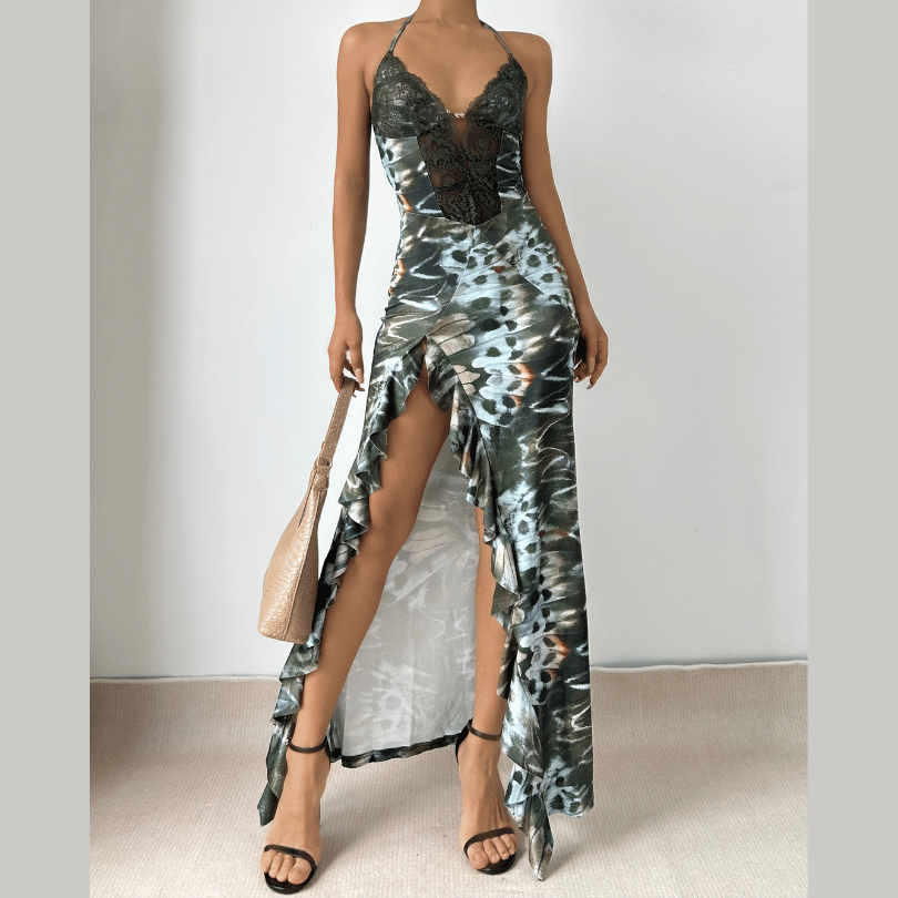 Halter self tie ruffle print v neck maxi dress  | Festival Outfits Women