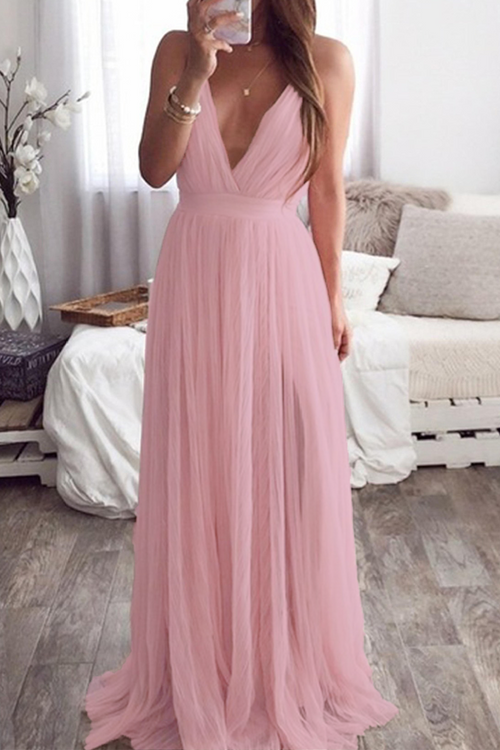 Sexy Solid Color Backless Mesh V Neck Evening Dresses