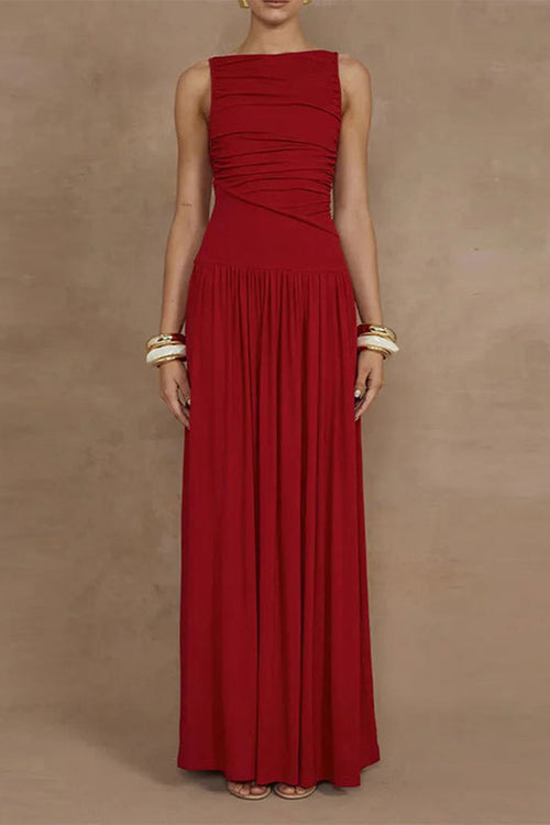 Casual Solid Color Ruched O Neck Long Dresses