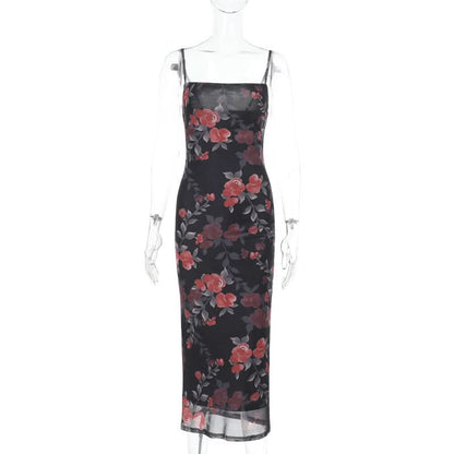 Flower print mesh cami maxi dress  | Festival Outfits Women