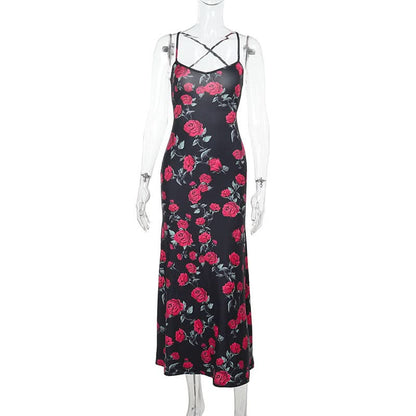 Cross back self tie flower print v neck cami maxi dress  | Festival Outfits Women