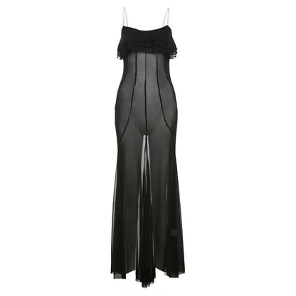 Ruffle u neck mesh solid cami maxi dress  | Festival Outfits Women
