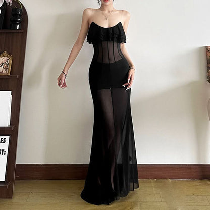 Ruffle u neck mesh solid cami maxi dress  | Festival Outfits Women