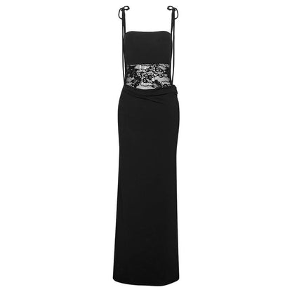 Lace square neck self tie solid cami maxi dress  | Festival Outfits Women