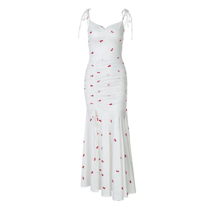 Drawstring slit ruched print cami maxi dress  | Festival Outfits Women