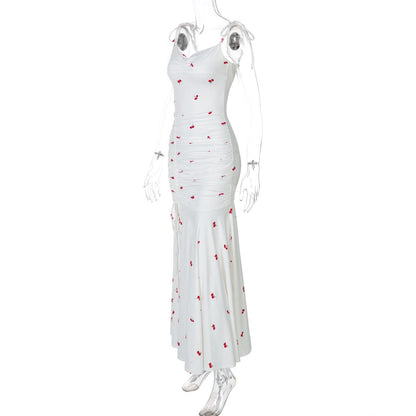 Drawstring slit ruched print cami maxi dress  | Festival Outfits Women