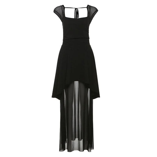 Mesh square neck self tie backless maxi dress  | Festival Outfits Women