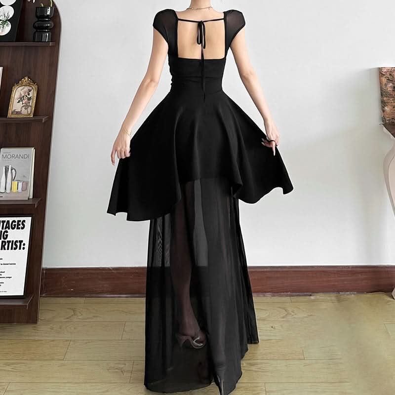 Mesh square neck self tie backless maxi dress  | Festival Outfits Women