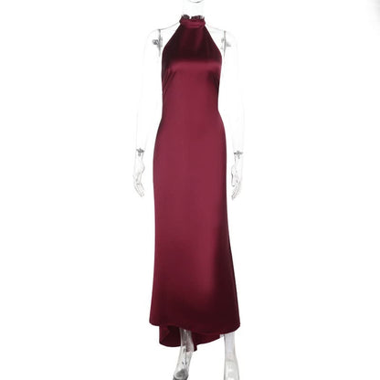Satin halter backless solid maxi dress  | Festival Outfits Women