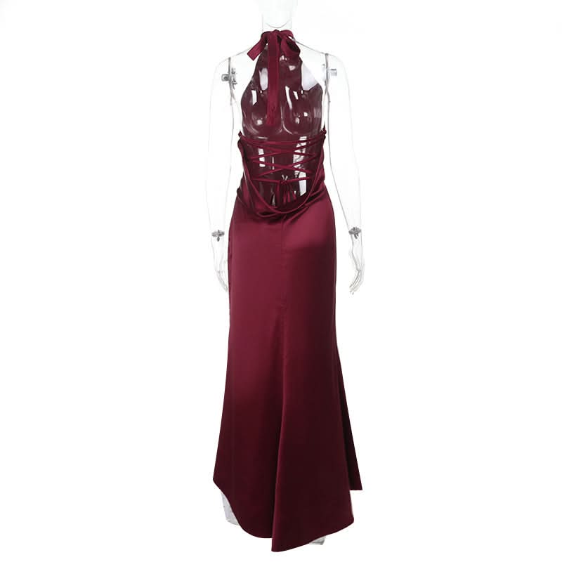 Satin halter backless solid maxi dress  | Festival Outfits Women