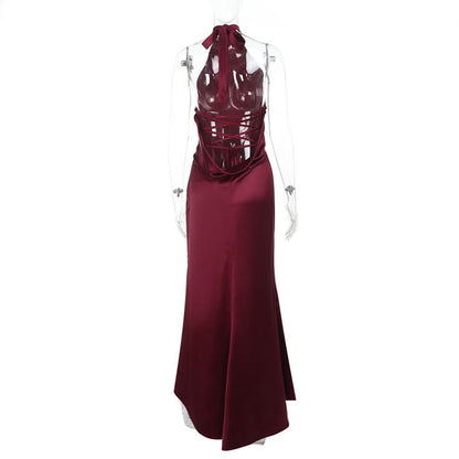 Satin halter backless solid maxi dress  | Festival Outfits Women