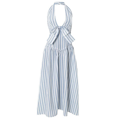Striped bowknot zip-up halter maxi dress  | Festival Outfits Women