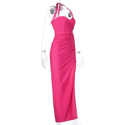 Halter self tie ruched v neck slit maxi dress  | Festival Outfits Women
