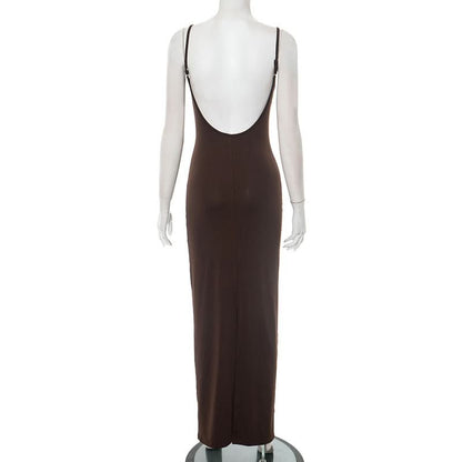 Beaded u neck slit backless cami maxi dress  | Festival Outfits Women