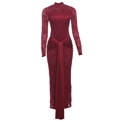 Long sleeve knotted backless lace maxi dress  | Festival Outfits Women