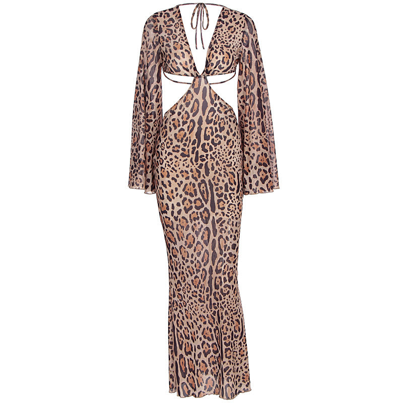 V neck leopard print long sleeve hollow out cut out maxi dress  | Festival Outfits Women