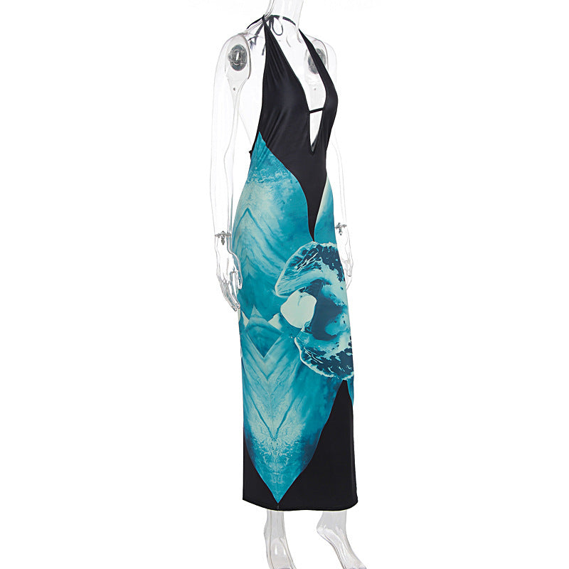 Halter v neck print backless maxi dress  | Festival Outfits Women